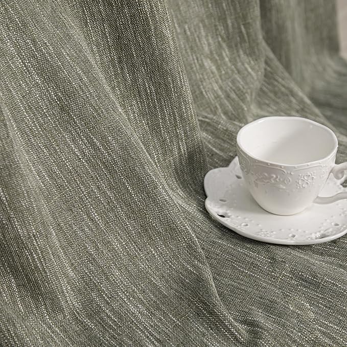 MYSKY HOME Living Room Curtains 84 Inches Long Semi Sheer Light Filtering Privacy Drapes Linen Look Textured Boho Home Decor, Backdrop Curtain for Parties, 50" x 84", Olive Green, 2 Panels