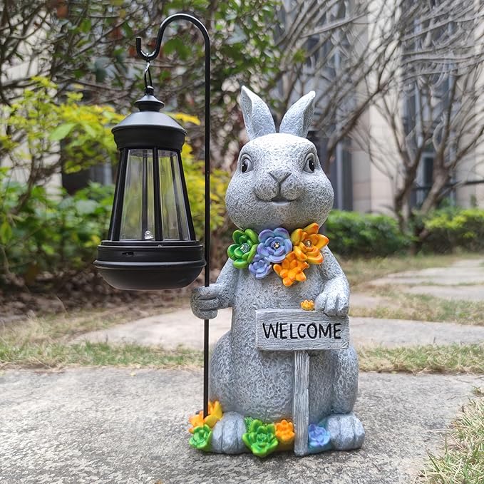 Solar Rabbit Garden Statues Outdoor Décor with Lantern- Rabbit Figurines Solar LED Light Lawn Ornaments - Yard Decorations for Patio, Balcony, Backyard -Unique House Warming Gifts for Mom