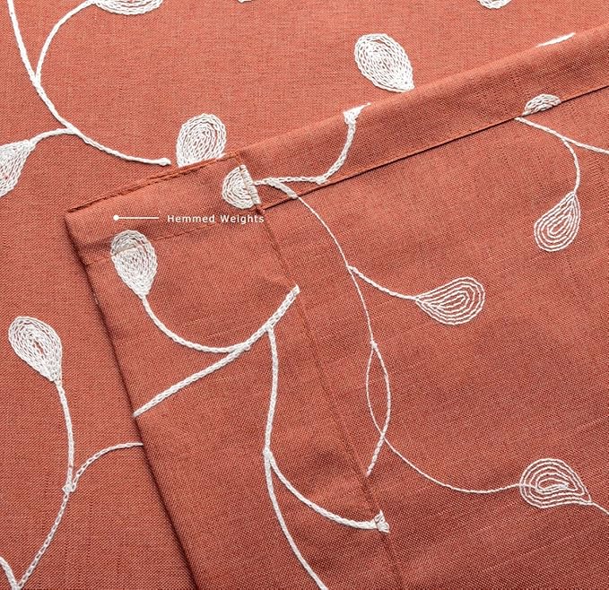 MIUCO Floral Embroidery Semi Sheer Curtains Faux Linen Grommet Curtain Panels for Kids Room 52 x 84 Inch 2 Panels, Rust