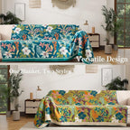 Boho Throw Blanket Twin Size, Soft Cozy Cotton Muslin Quilt Blanket for Bed Decor, Floral Patterned Couch Sofa Chair Cover, Vintage Farmhouse Cottage Tapestry Woven Blanket, Teal&Green