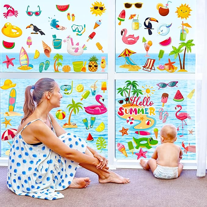 9 Sheets Summer Window Clings, Double Sided Summer Window Clings for Glass Windows, Hello Beach Decals, Sun Watermelon Pattern Stickers for Home Office Accessories Decorations