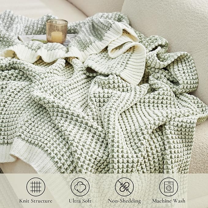 Amélie Home Chenille Waffle Throw Blanket for Couch, Reversible Pineapple Stitch Knit Soft Cozy Knit Blanket Lightweight Warm Decorative Throw for Sofa, Bed, Living Room, 50"x60", Sage Green&Ivory