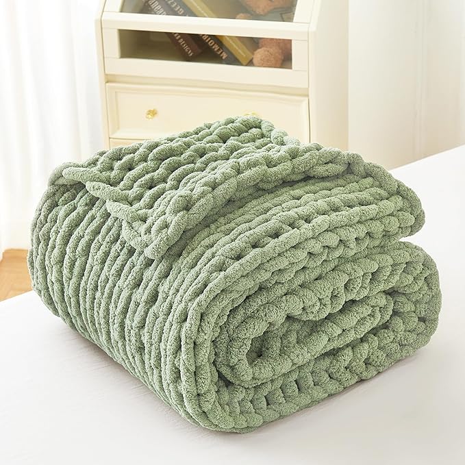 Admitrack Chunky Knit Blanket Throw, 100% Hand Knit Chenille Throw Blanket for Sofa & Home Decor, Soft and Cozy Knitted Throw Blankets (Sage Green，40"x50")