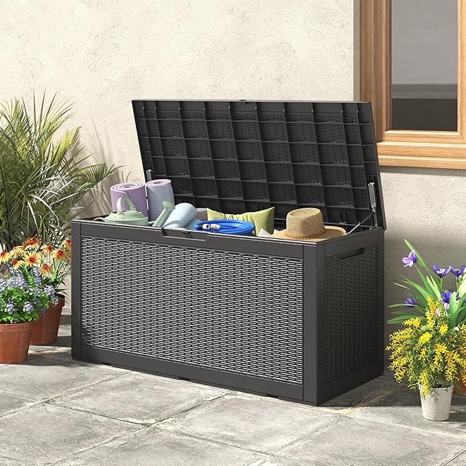 KAMABOKO 101 Gallon Waterproof Large Resin Deck Box, Lockable Large Outdoor Storage Boxes Indoor Outdoor Storage Container for Patio Cushions, Gardening Tools, Pool Supplies, Black