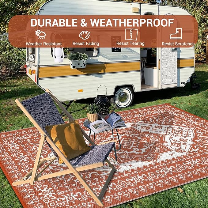 GAOMON Extra Large Outdoor Rug 10x20 Waterproof Plastic Straw Rug Reversible Vintage Patio Carpet, Portable Picnic Camping Mat with Bag & Stakes, Outside Carpet for Balcony Garden Yard, Orange Red