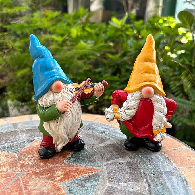 Garden Gnome Duo Decorative Figurines 5.5“ Ornament for Indoor Outdoor Home Garden Decor，Musical Violin Player and Dancing, Colorful Outdoor Statues, Set of 2