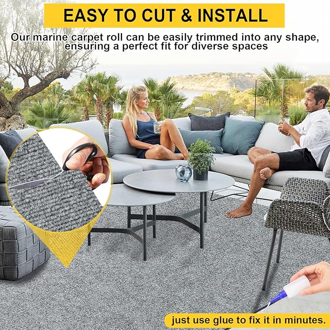 Marine Carpet,6 FT x 10 FT Smoke Gray Indoor Outdoor Carpet 0.2" Thick Boat Carpet with Water-Proof TPE Backing, Non-Slide Outdoor Marine Carpet Roll for Home, Patio, Porch, Deck