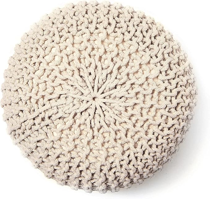 REDEARTH Round Pouf Ottoman - Cable Knitted Boho Poof - Home Décor Cord Pouffe Handmade Circular Footrest for Living Room - Bedroom - Kids Bedroom - 100% Cotton Pouf (18" x 18" x 14") - Ivory