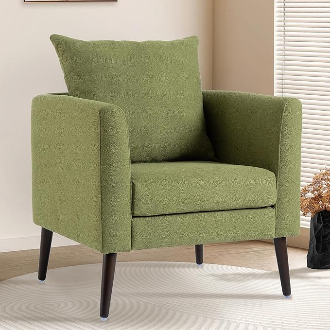 Barrel Accent Chair with Back Pillow, Large Upholstered Armchair with Solid Wood Legs Modern Reading Chairs for Living Room Bedroom