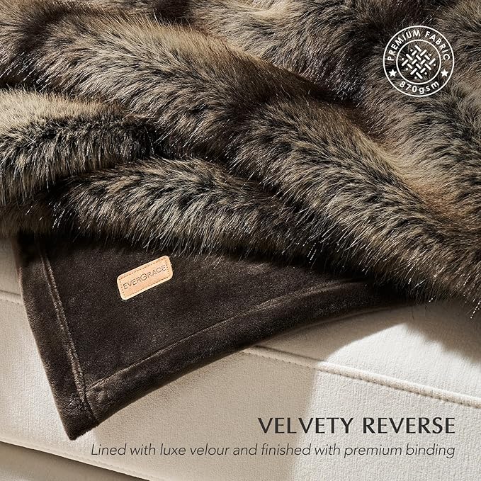 Luxury Faux Fur Throw Blanket, Soft Fluffy Faux Mink Blankets for Bed, Couch, Sofa, Thick Cozy Plush Warm Fur Throws with Reversible Velvet, Ombré Sable Brown, 50"x60"