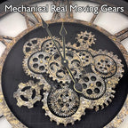 DORBOKER 36" Extra Large Wall Clock with Moving Gears, Oversized Giant Industrial Steampunk Rustic Clocks for Wall Decor Living Room Home Office, Solid Wood Vintage Black and Bronze Gears