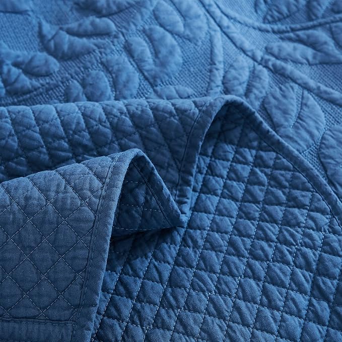 MarCielo 3-Piece 100% Cotton Oversized Bedspread Lightweight Quilt Coverlet Embroidery Farmhouse Bedding Set T0 (Midtone Blue, Oversized King (118"x106"))