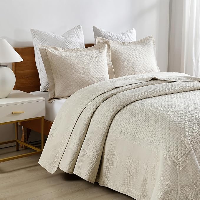 MarCielo 3-Piece 100% Cotton Oversized Bedspread Lightweight Quilt Coverlet Embroidery Farmhouse Bedding Set (TM Khaki Beige, Oversized King (118"x106"))