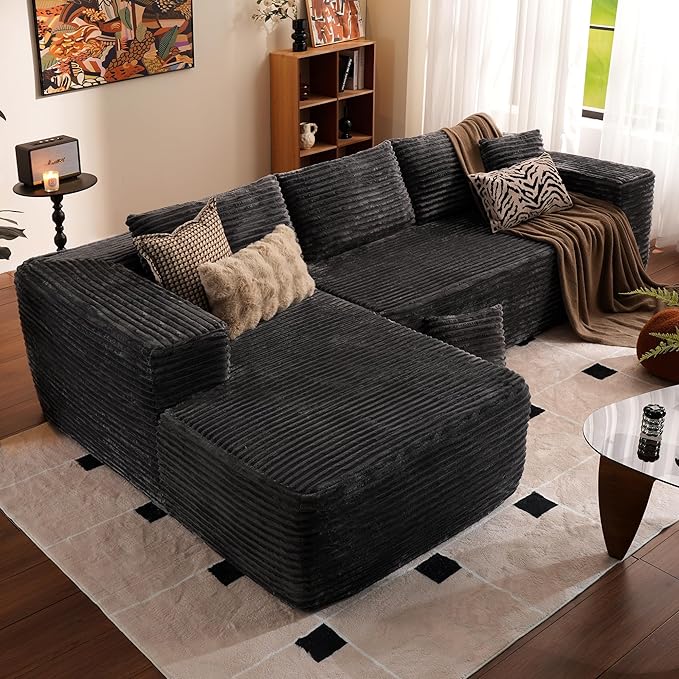 ovios 104" Cloud Sectional Couch with L-Shape Chaise,Modern Modular Sofa with Deep Seat, Upholstered Couches for Living Room Bedroom,No Assembly Required, Grey (Plush Corduroy Fabric)