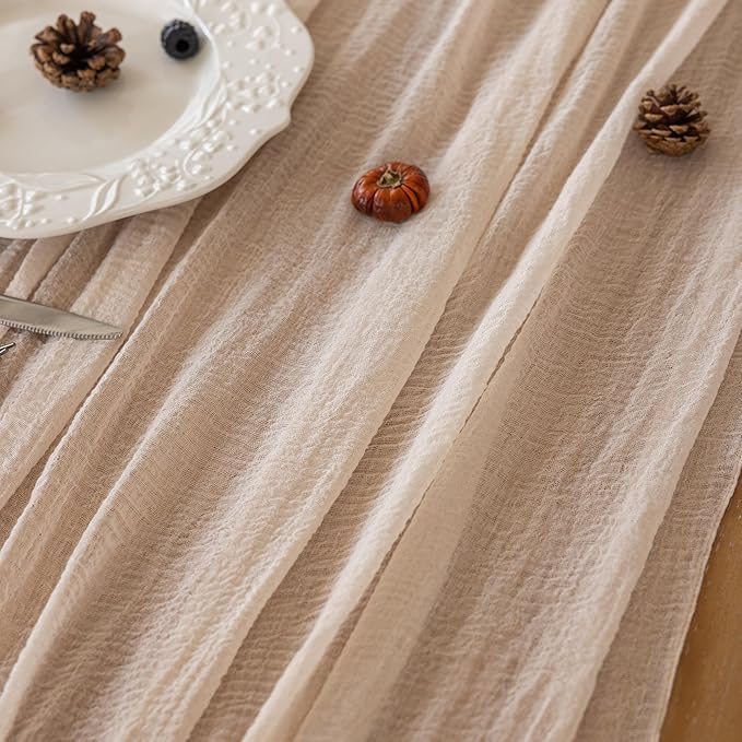6Pcs Beige Gauze Rustic Cheesecloth Table Runner 120 Inch 10 FT for Wedding Baby Shower Bridal Shower Birthday Engagement Garden Outdoor Party Long Sheer Boho Decorations