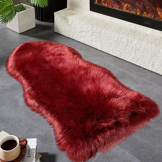 AMTOVO Faux Fur Rug, Burgundy Area Rug, Fluffy Sheepskin Rug, Fuzzy Ultra Soft 2 x 4 ft Shag Rugs for Bedroom Sofa Throw Cushion Room Decor, Sheepskin