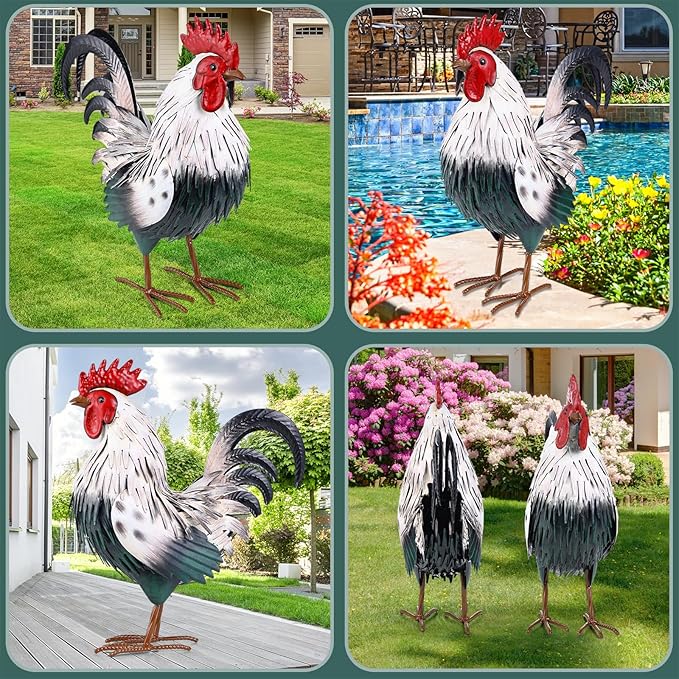 Rooster Garden Statue Sculpture Metal Chicken Yard Decor Outdoor Figurines Patio Backyard Decoration
