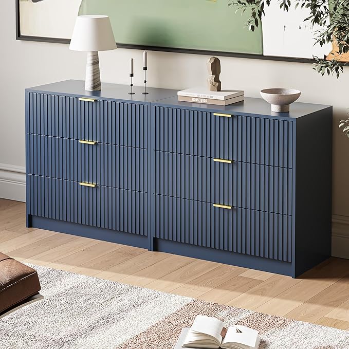 Fluted Dresser for Bedroom, 32 Inch Wide Nightstand with Large Drawer, 3 Drawer End Table for Bedroom, Living Rooms, Offices, and Entryways, Navy Blue