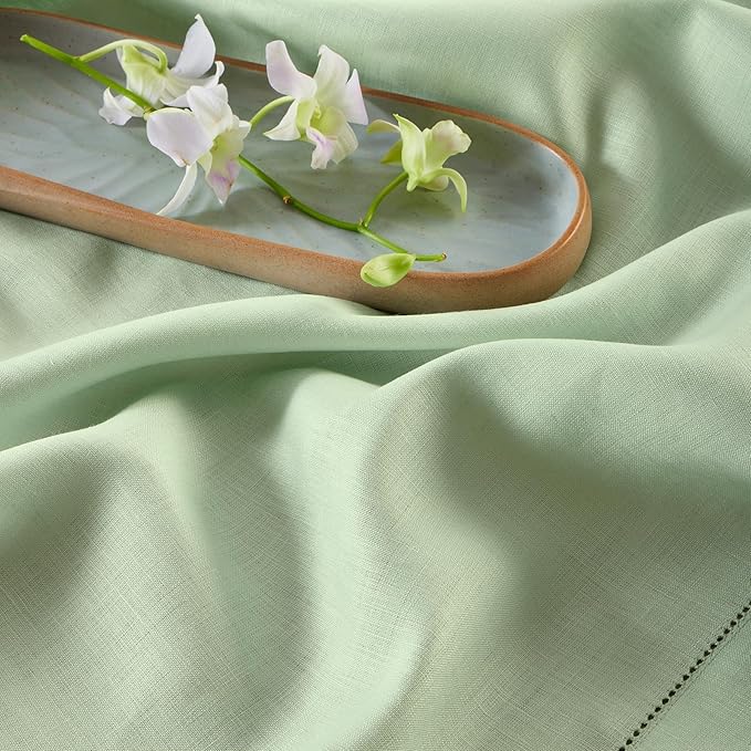 Solino Home Linen Light Green Table Runner 72 Inches Long - 100% Pure Linen Hemstitch Table Runner 14 x 72 Inch for Dresser, Dining - Classic Hemstitch