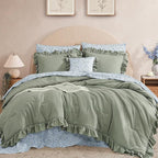 King Comforter Set - 7 Pieces Ruffle Sage Green Bedding Sets, Shabby Chic Farmhouse Bed in a Bag King with Ruffle Comforter, Floral Sheets, Pillowcases & Shams