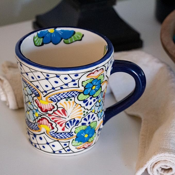 Encantada Handmade Hand-Painted Authentic Mexican Pottery Mugs (Multi Blue Green)