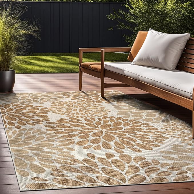 Beverly Rug Outdoor Rug 10x14 Modern Exotic Tropical Leaf Area Rugs for Indoor and Outdoor Patio Deck Porch Garden Water Resistant Washable Outside Carpet (10 x 14 Beige)