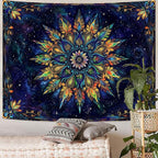 Fowocu Boho Floral Mandala Tapestry for Bedroom Aesthetic Blue Bohemian Colorful Flower Wall Tapestry Purple Hippie Indian Small Tapestries Wall Hanging for Living Room Dorm Decor 48 x 36 Inch