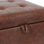 Adeco Faux Leather Storage Ottoman Bench with Wood Legs, 17.7" Square Red and Brown PU Cube Foot Stool, Upholstered Button Tufted Vanity Chair with Hinged Lid for Living Room, Bedroom, Dorm