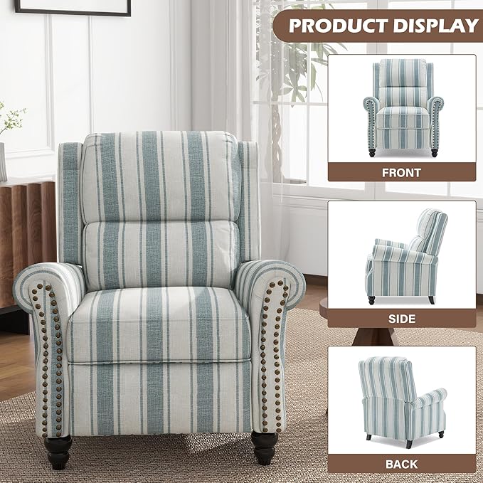 UIXE Pushback Recliner Chairs Set of 2, Fabric Armchair Push Back Accent Chair, Rivet Trim Club Chair Home Theater Overstuffed Single Sofa Reading Seat for Living Room, Stripe Blue