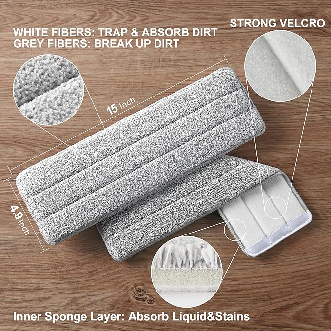 JOYMOOP Flat Mop Pad, Microfiber Mop Pad, Squeeze Mop Pads Replacement, 15" Refill 1 Pack - Grey