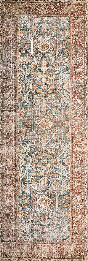 Loloi Layla Collection LAY-04 Ocean/Rust 2'-6" x 12'-0" .13" Thick Runner Rug, Soft, Durable, Vintage Inspired, Distressed, Low Pile, Non-Shedding, Easy Clean, Printed, Living Room Rug