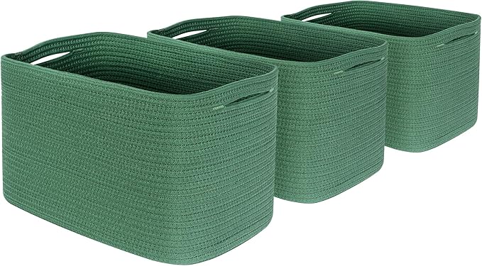 MINTWOOD Design 3-Pack Decorative Woven Storage Baskets for Shelves, Cube Bin Box for Organizing Books, Shoes, Dog Toys, Pantry Closet and Living Room Organizer, Forest Green
