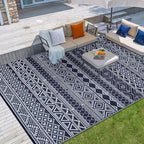 GAOMON Outdoor Rug Waterproof 8'x10', Reversible Outdoor Plastic Straw Rug, Boho Patio Rug, Indoor Outdoor Carpet, RV Mat Outside for Patio, Camp, Picnic, Balcony, Deck, Dark Blue/White(Bohemia)