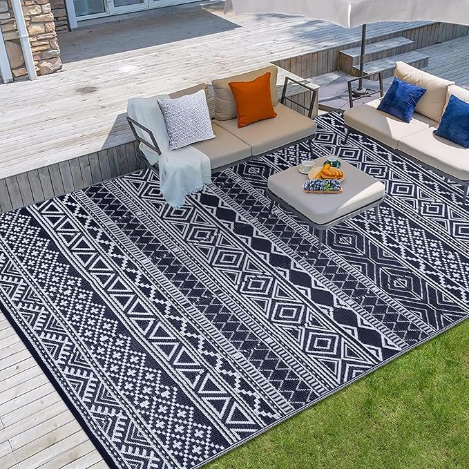 GAOMON Outdoor Rug Waterproof 8'x10', Reversible Outdoor Plastic Straw Rug, Boho Patio Rug, Indoor Outdoor Carpet, RV Mat Outside for Patio, Camp, Picnic, Balcony, Deck, Dark Blue/White(Bohemia)