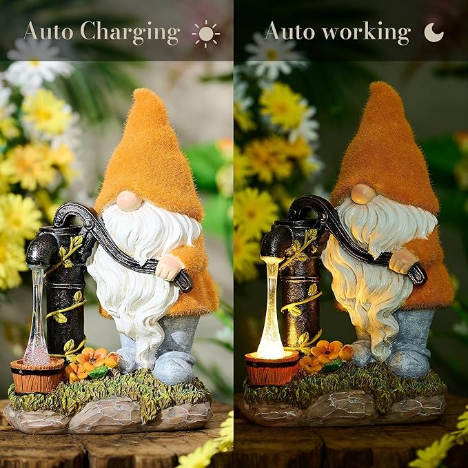 TERESA'S COLLECTIONS Fall Decor, Fall Gnomes Decor, Autumn Garden Gnomes Pumping Water with Solar Lights, Waterproof Resin Outdoor Fall Decor, Fall Gifts Outdoor/Indoor,9"