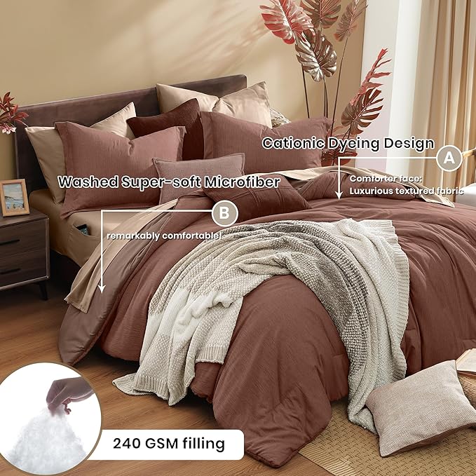 Monbix Queen Comforter Set - 7 Pieces Cationic Dyeing Terracotta Bed in a Bag Queen Bedding Sets with Comforter, Sheets, Pillowcases & Shams, Reversible Bedding Comforters Sets