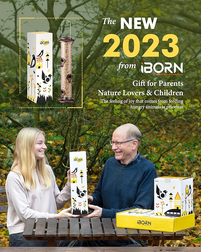 iBorn Metal Bird Feeder Hanging Wild Bird Seed Feeder for Mix Seed Blends Heavy Duty All Metal Coffee Finish,14 Inch 6 Port(Seed is not Included)