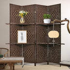 PayLessHere Room Divider 4 Panel Room Screen Divider Wooden Screen Folding Portable Partition Screen Wood with Removable Storage Shelves Color, Brown