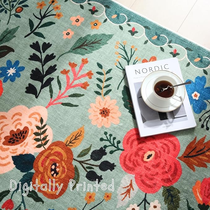 Round Rug 6ft Washable Circle Rug Non Slip Low Pile Boho Floral Small Circular Rug for Bedroom, Bathroom, Entryway, Kids Room, Office, College Dorm(Green)