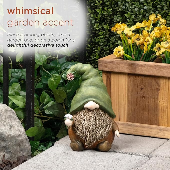 Alpine Corporation QWR1442 Outdoor Gnome with Green Hat Holding a Flower for Garden, Patio, and Lawn, 10" H, Multicolor