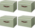 ANMINY 4PCS Storage Bins with Lid PU Leather Handles Storage Boxes PP Plastic Board Decorative Foldable Lidded Cotton Linen Fabric Home Cubes Baskets Closet Organizer Containers - Green, Large Size