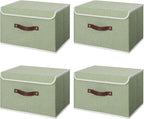 ANMINY 4PCS Storage Bins with Lid PU Leather Handles Storage Boxes PP Plastic Board Decorative Foldable Lidded Cotton Linen Fabric Home Cubes Baskets Closet Organizer Containers - Green, Large Size