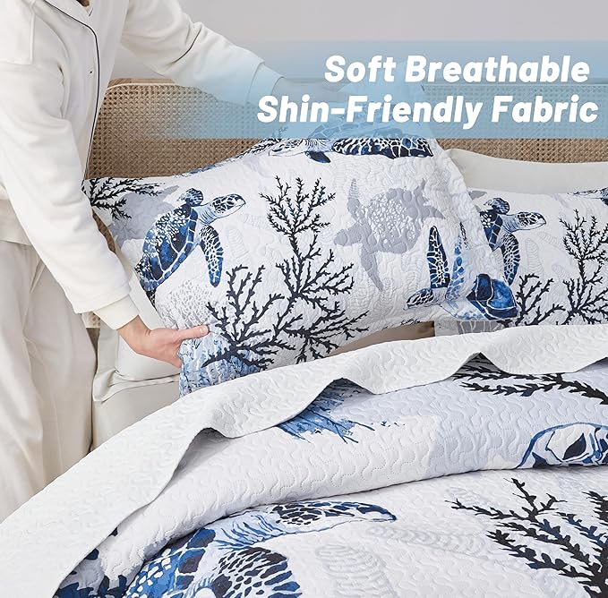 Coastal Bedding King Size Coastal Quilt with 2 Shams, Nautical Beach Comforter Sets Ocean Bedspreads Blue Seaturtle Coverlet Summer Bedding, 96''x106''