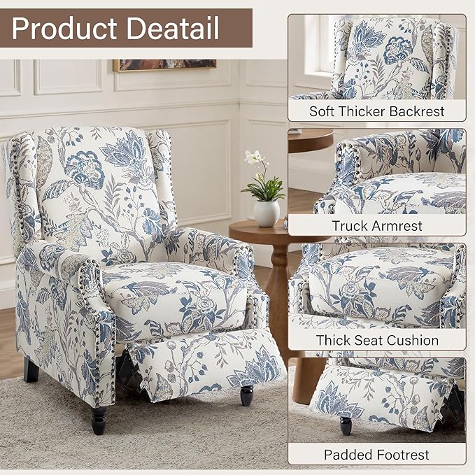 UIXE Pushback Recliner Chair, Push Back Accent Chair Fabric Upholstered Armchair for Living Room, Rivet Trim Home Theater Single Sofa Bedroom Reading Seat - Blue Plants