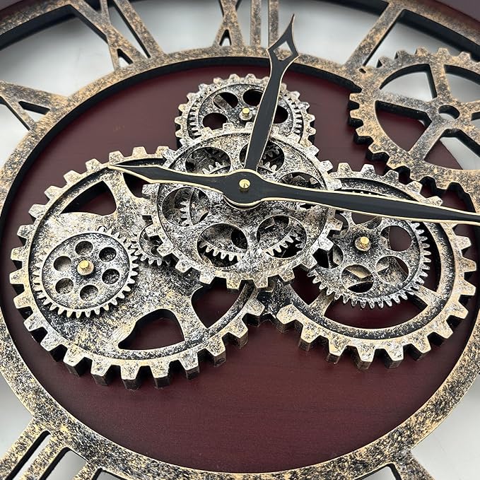 The B-Style Large Wall Clock 24 inch Moving Gear Wall Clock Oversized Vintage Farmhouse Wall Clocks for Living Room Decor Rustic Industrial Wood Clock (Cherry red and Bronze)