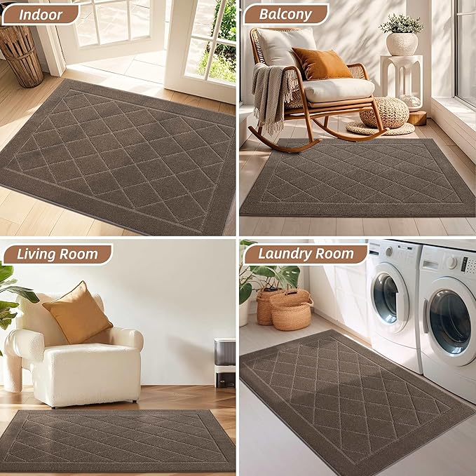BEQHAUSE Dirt Trapper Door Mat 20" x 32", Doormat Non-Slip Entryway Rugs Washable, Dog Door Mat Stain Resistant and Absorbent Welcome Floor Mat for Front Back Door, Muddy Wet Shoes & Paws, Light Brown