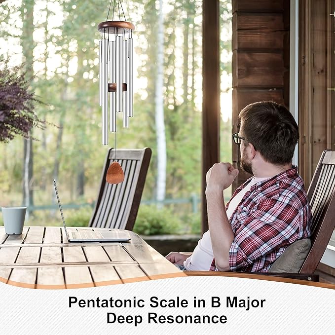 Large Aluminium Wind Chimes 37 Inches to Create a Zen Atmosphere Suitable for Outdoor, Garden, Patio Decoration Classic Chimes with Wind Catcher Suitable as A Gift for Unisex Silver 2 Pack