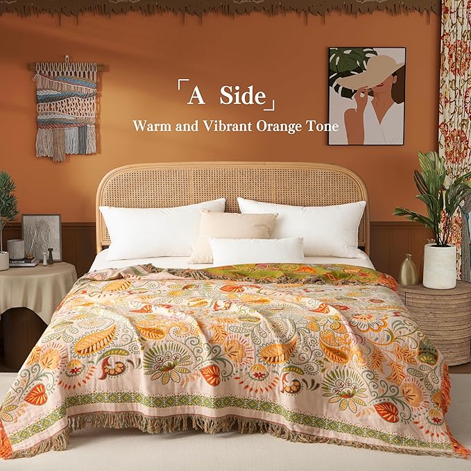 Boho Throw Blanket Twin Size, Soft Cozy Cotton Muslin Quilt Blanket for Bed Decor, Floral Patterned Couch Sofa Chair Cover, Vintage Farmhouse Cottage Tapestry Woven Blanket, Coral&Green
