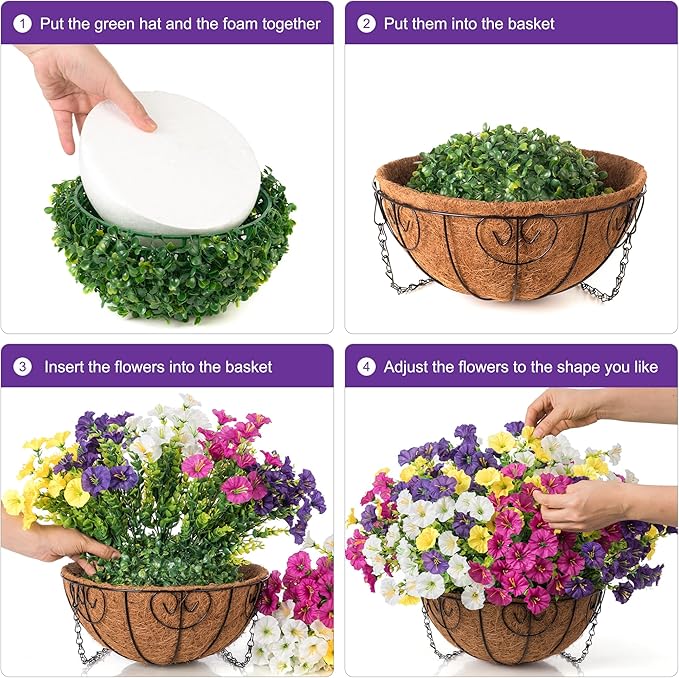Artificial Faux Hanging Plants Flowers Basket for Spring Summer Outdoors Decoration, Fake Silk Colorful Morning Glory with Eucalyptus Look Real UV Resistant for Outside Porch Patio Balcony Garden Home