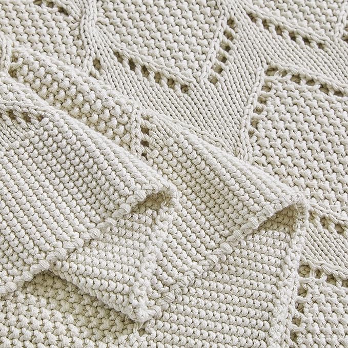 Longhui bedding Chunky Cotton Knit Throw Blanket for Couch, Sofa, Bed, or Chair, Decorative Breathable Fall Cable Knit Blanket 51 x 63 Inches, Beige